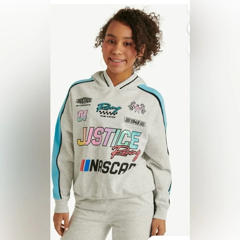 Justice‎ x NASCAR Girls Fleece Hoodie NWT XS 5/6 Pearl Heather Colorblock
